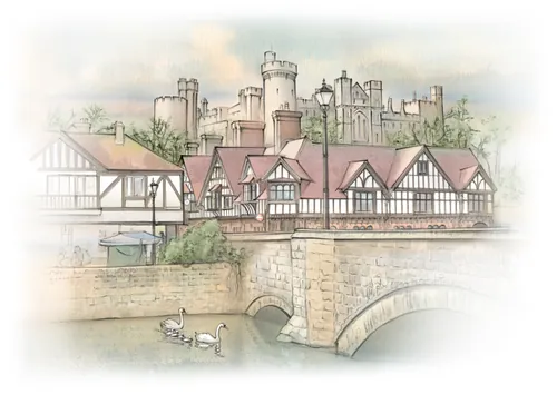 Ilustración del Castillo de Arundel realizada por Juliet Percival que muestra el río y edificios históricos.