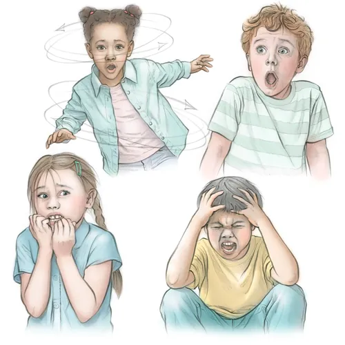 Cuatro niños mostrando sorpresa y asombro, ilustrado por Juliet Percival
