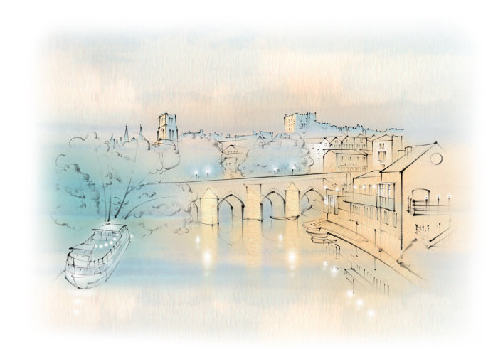 "Durham Boathouse with Elvet Bridge" line and colour sketch