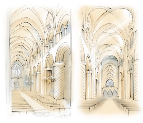 Cathédrale de Durham, rosace, nef, piliers
