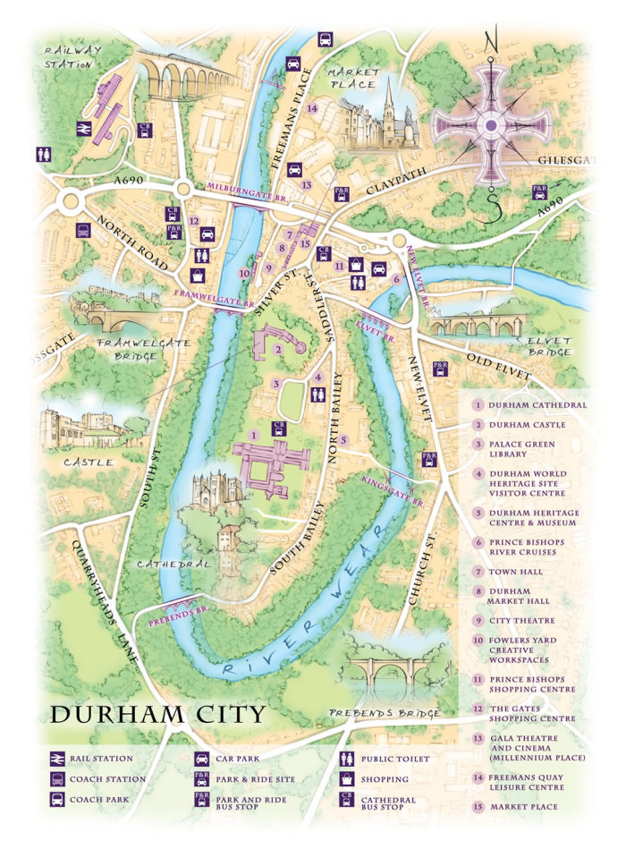 map, traditional, hand drawn, compass, Durham, cathedral, castle, River Wear, Framwelgate Bridge