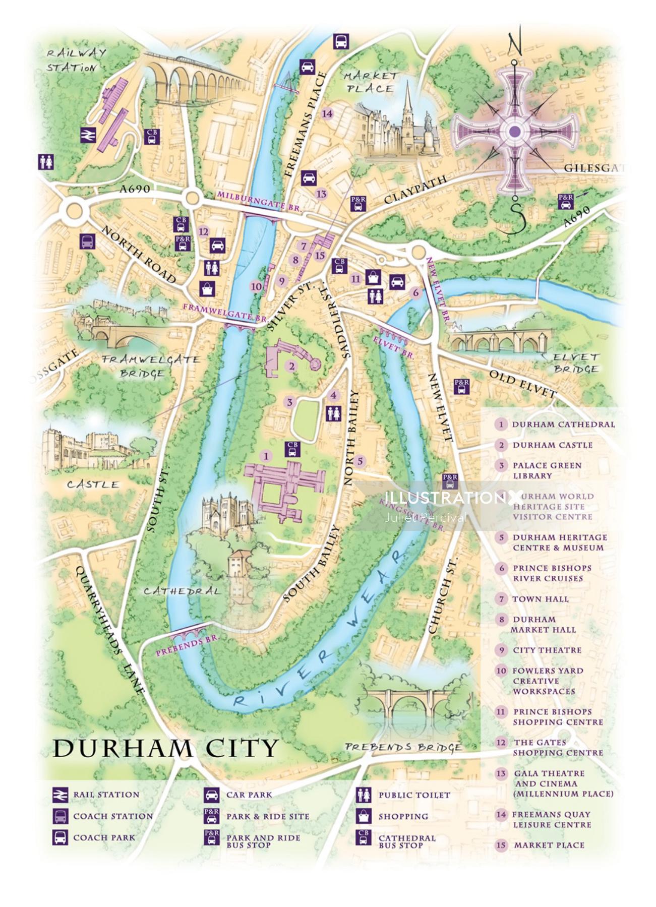 地図、伝統的な、手描き、コンパス、ダーラム、大聖堂、城、リバーウェア、フラムウェルゲート橋