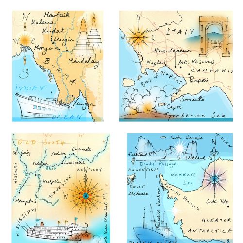 map, traditional, hand drawn, compass, Burma, Italy, Antarctica, Mississippi