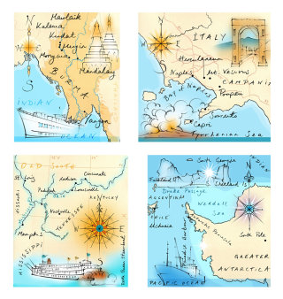 mapa, tradicional, dibujado a mano, brújula, Birmania, Italia, Antártida, Mississippi