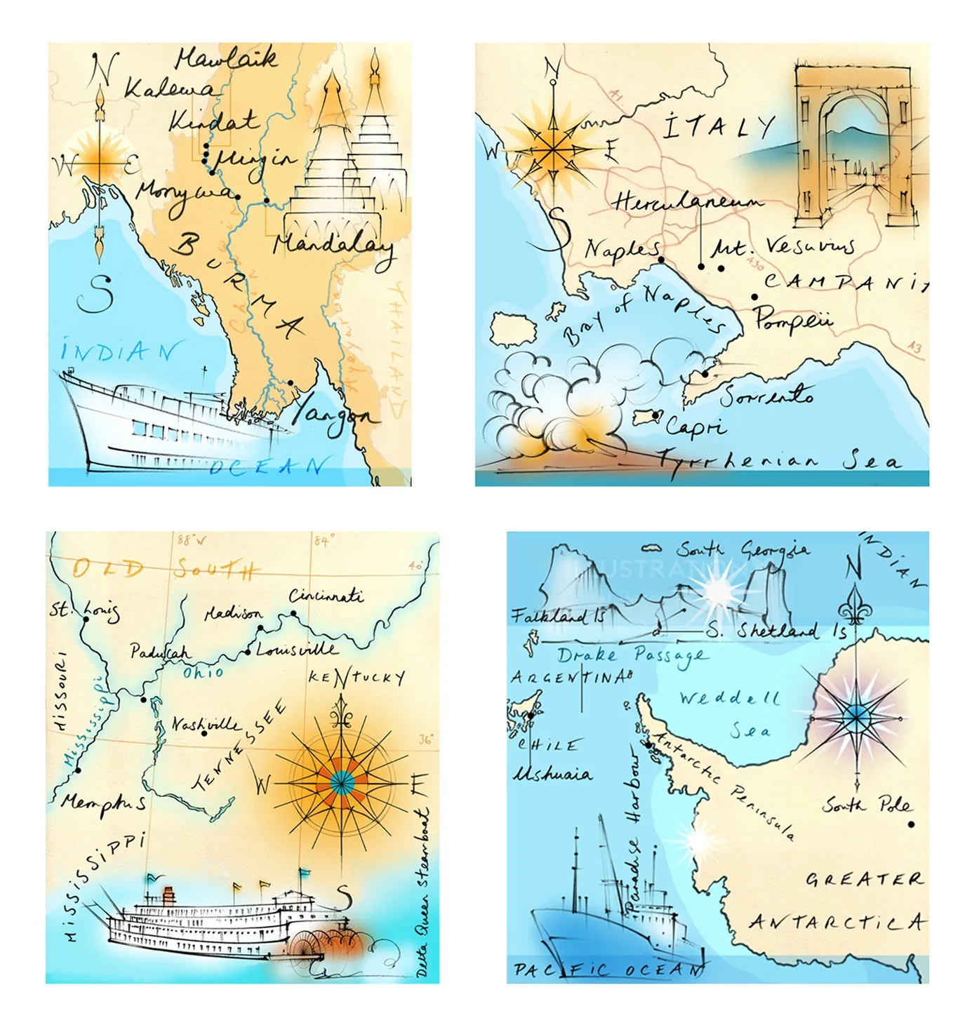 map, traditional, hand drawn, compass, Burma, Italy, Antarctica, Mississippi