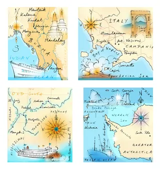 map, traditional, hand drawn, compass, Burma, Italy, Antarctica, Mississippi