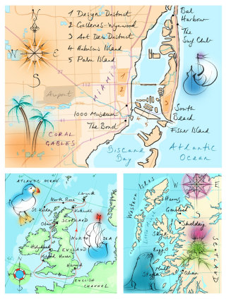 dibujado a mano, Miami, Escocia, Inglaterra, Bahía Biscana, frailecillo, brújula