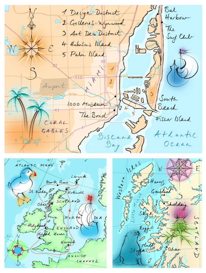 hand drawn, Miami, Scotland, England, Biscane Bay, puffin, compass