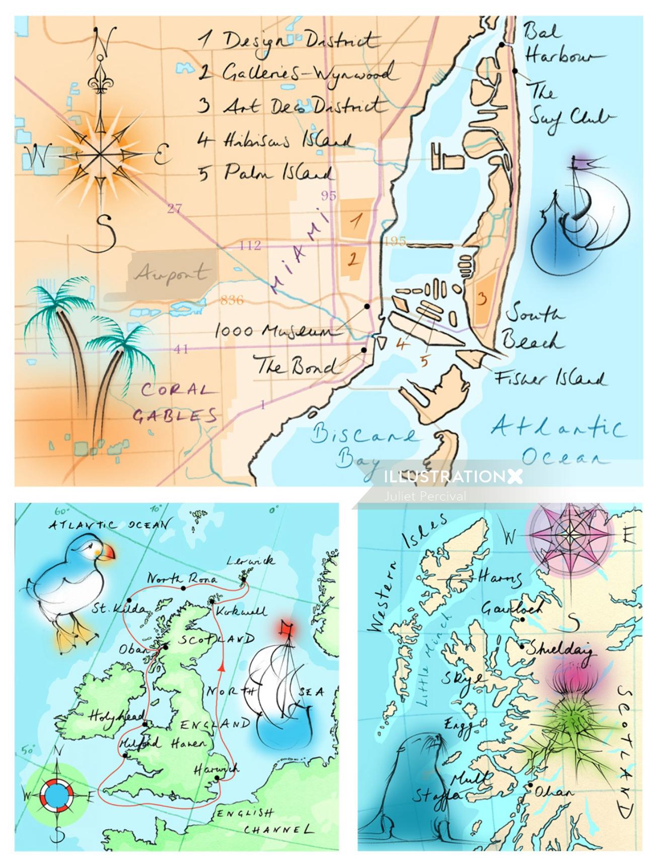 手描き、マイアミ、スコットランド、イギリス、ビスケーン湾、ツノメドリ、コンパス