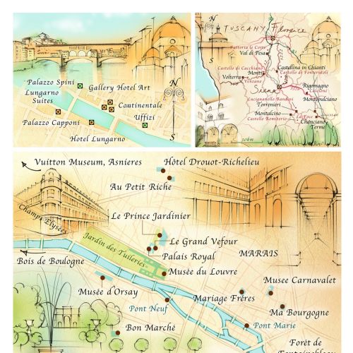 map, traditional, hand drawn, Florence, Tuscany, Paris 