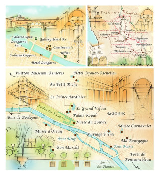 Diverses cartes pour le magazine Condé Nast Traveler, 2003 et 2004
