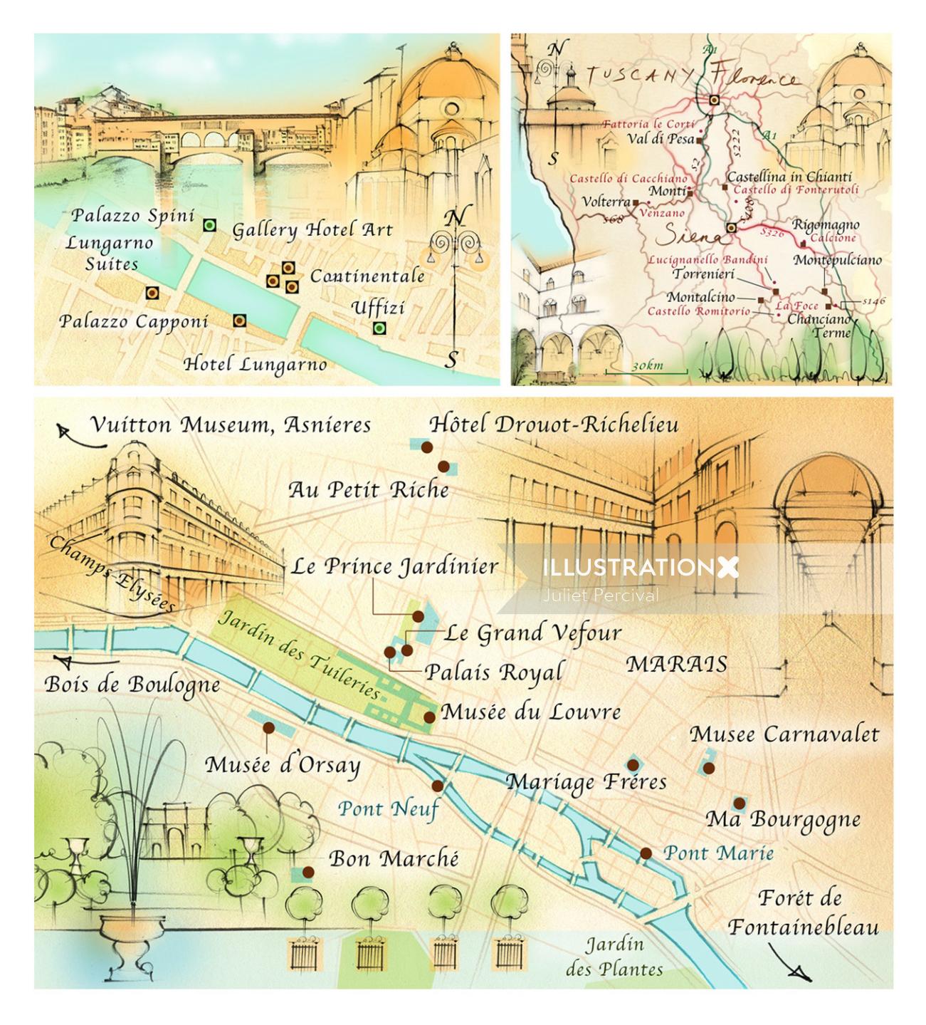 map, traditional, hand drawn, Florence, Tuscany, Paris 