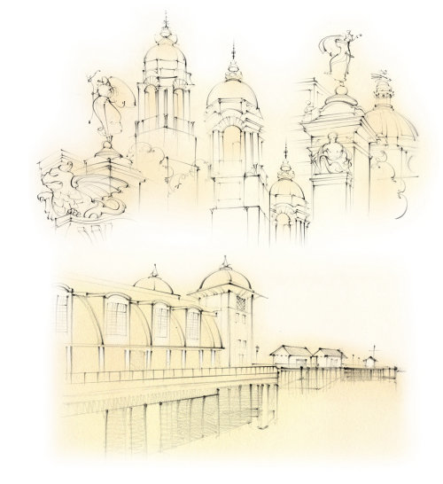 cardiff, law courts, city hall, dome, cupola, penarth, pier, travel sketch, pencil