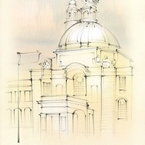 Architectural sketch, Cardiff Law Courts, building, domed roof,  hand drawn