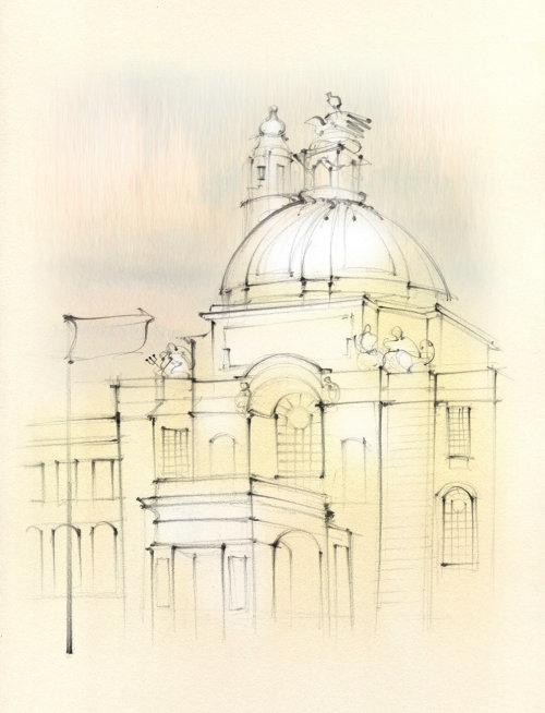 Croquis architectural, palais de justice de Cardiff, bâtiment, toit en dôme, dessinés à la main
