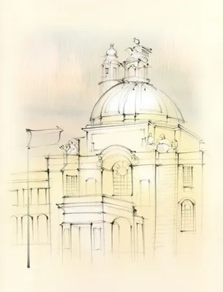 Architectural sketch, Cardiff Law Courts, building, domed roof,  hand drawn