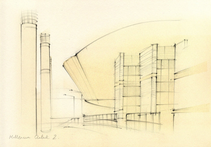 wales, cardiff, travel sketch, architecture, modern, contemporary, Millennium Centre, urban, pencil 