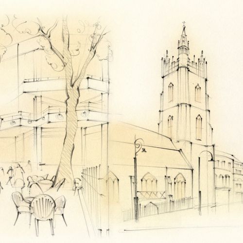 wales, Cardiff, St David's, architecture, church, street, cafe, pencil sketch, hand drawn