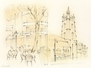 Gales, Cardiff, St David&#39;s, arquitectura, iglesia, calle, cafetería, dibujo a lápiz, dibujado a mano