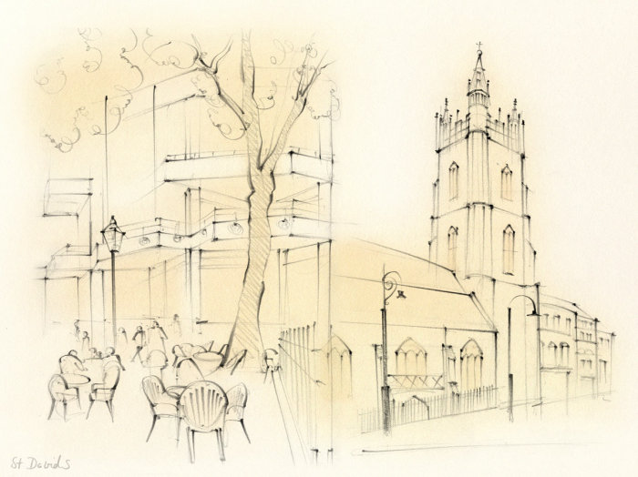 Pays de Galles, Cardiff, St David&#39;s, architecture, église, rue, café, croquis au crayon, dessinés à la main