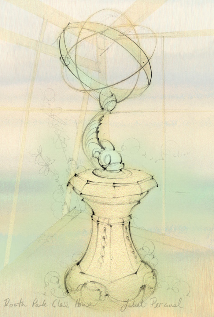cadran solaire, statue, Penarth, serre, sculpture, croquis au crayon, dessinés à la main