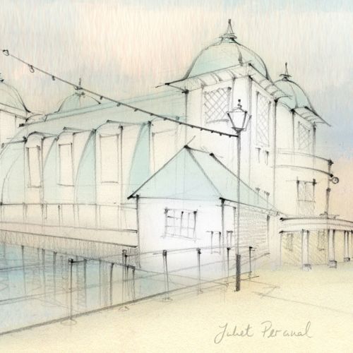 Architectural sketch, Penarth Pier, Cardiff, hand drawn, traditional, pencil,