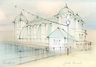 Architectural sketch, Penarth Pier, Cardiff, hand drawn, traditional, pencil,