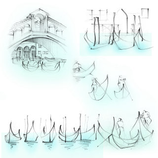 italy, travel, sketchbook, Rialto Bridge, gondolas, Venice