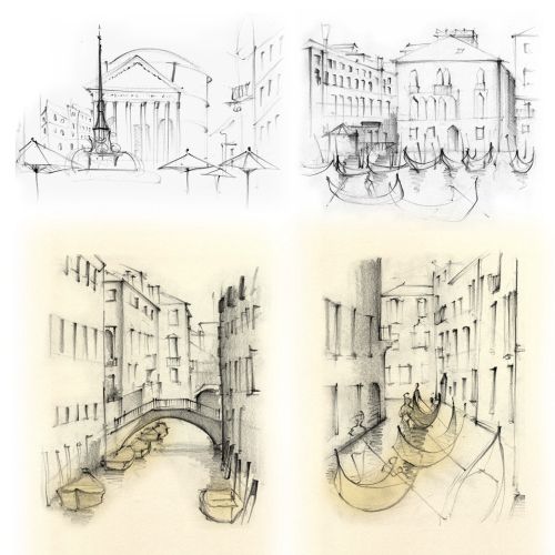 Italy, travel, Venice, gondolas, canal, travel sketch