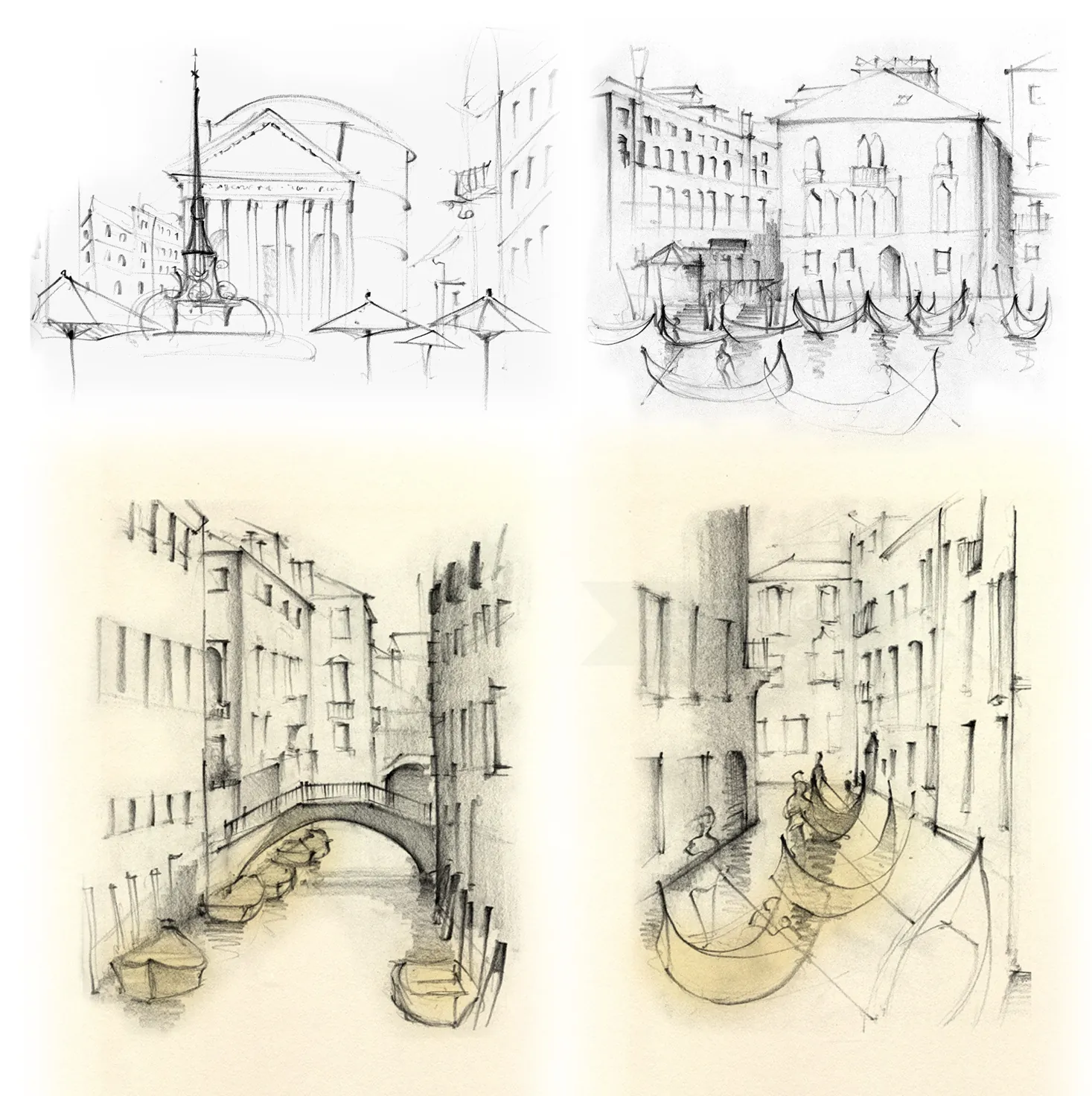 Italy, travel, Venice, gondolas, canal, travel sketch