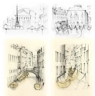 Italy, travel, Venice, gondolas, canal, travel sketch