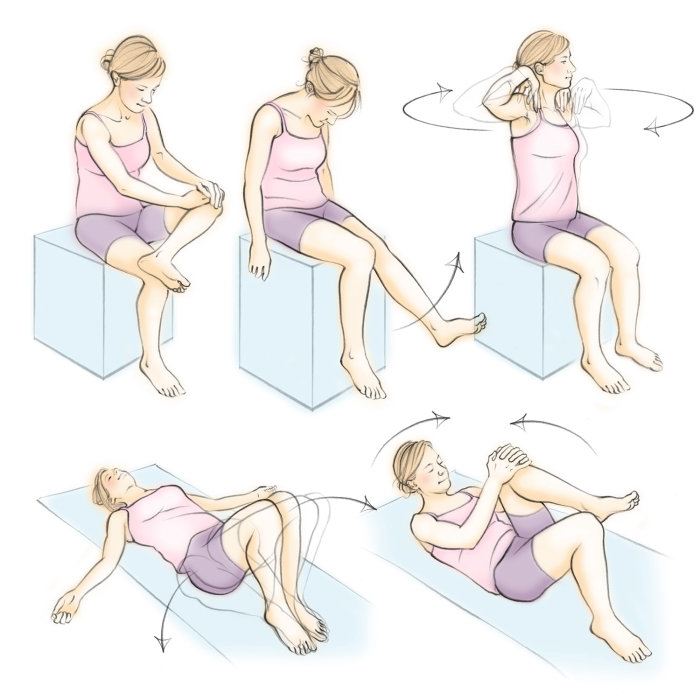 gentle exercises, female, girl, floor mat, side twist, leg raise, figure