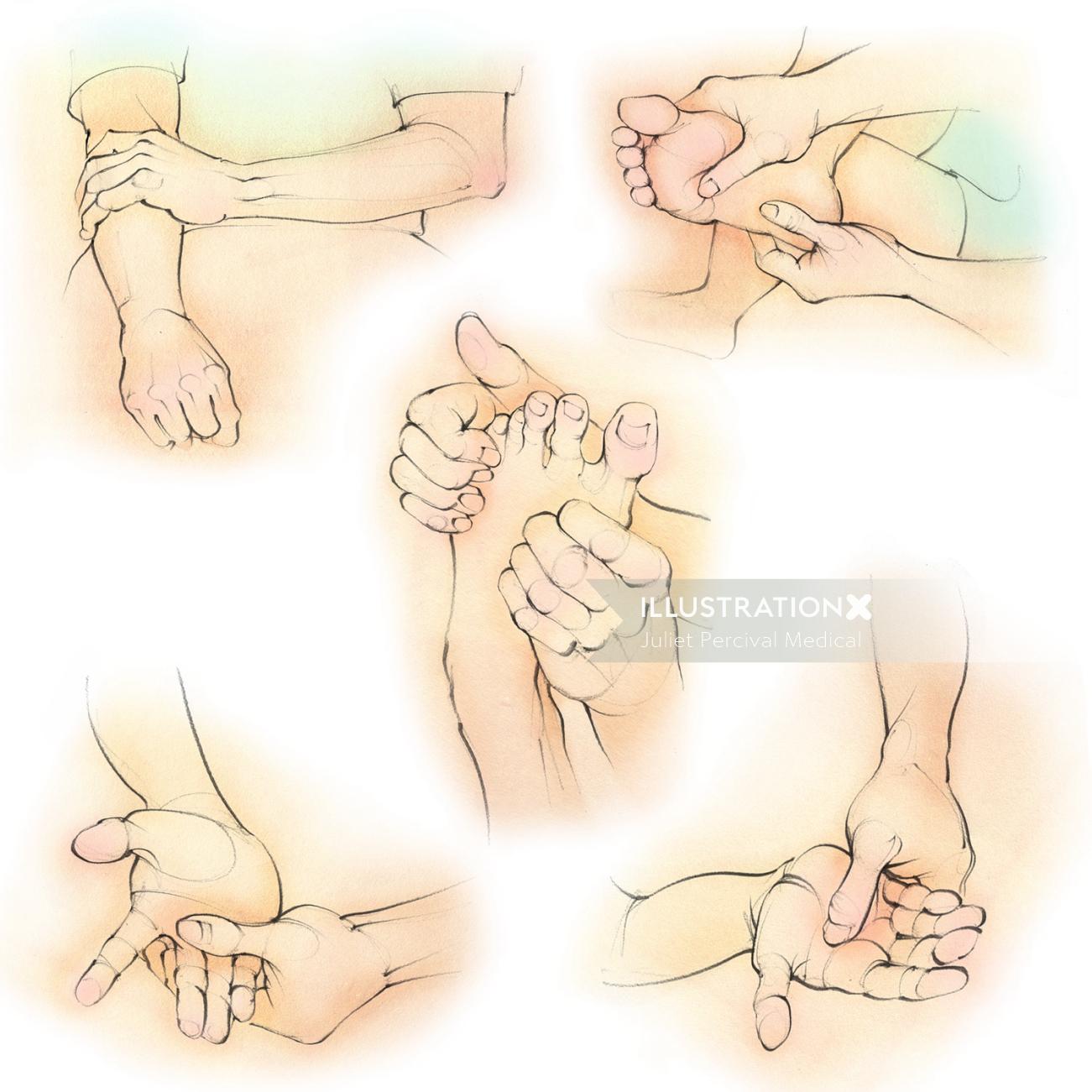 auto-massage, mains, doigts, pieds