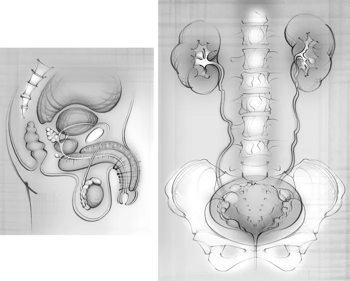 Black and white art of Urinary System and Erectile Dysfunction