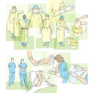 hospital hygiene, nurse, doctor, washing hands, plastic overall, waste disposal