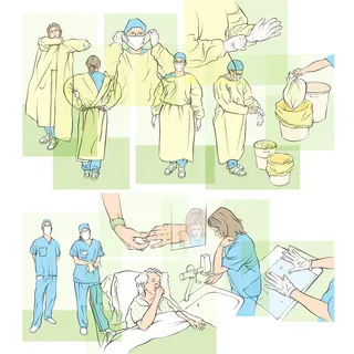 hospital hygiene, nurse, doctor, washing hands, plastic overall, waste disposal