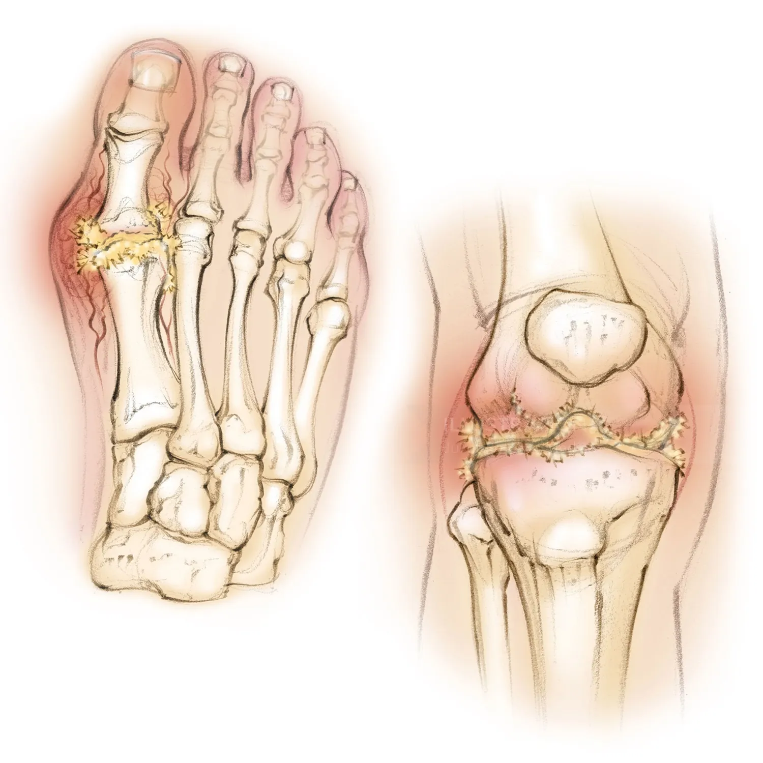 anatomy, gout, knee, foot, uric acid, bones, patella, tibia, fibula, inflammation
