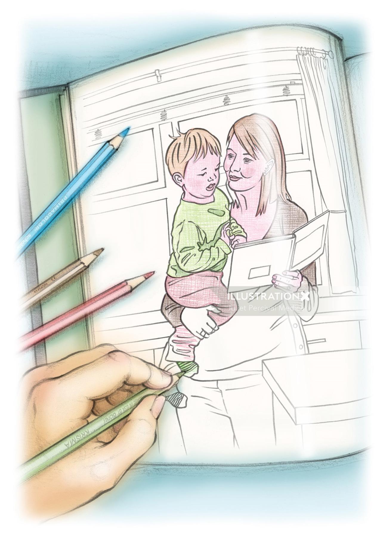 grossesse, crayon de couleur, enfant en bas âge, livre de coloriage, ligne, couleur