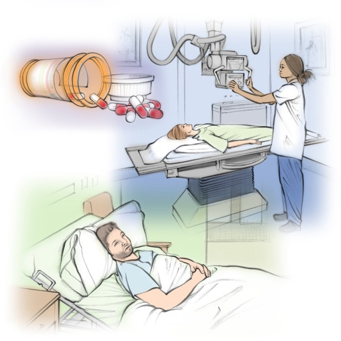 une infographie montrant un patient subissant des tests de leucémie
