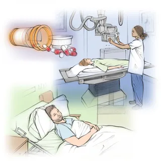 an infographic showing a patient undergoing tests for leukaemia