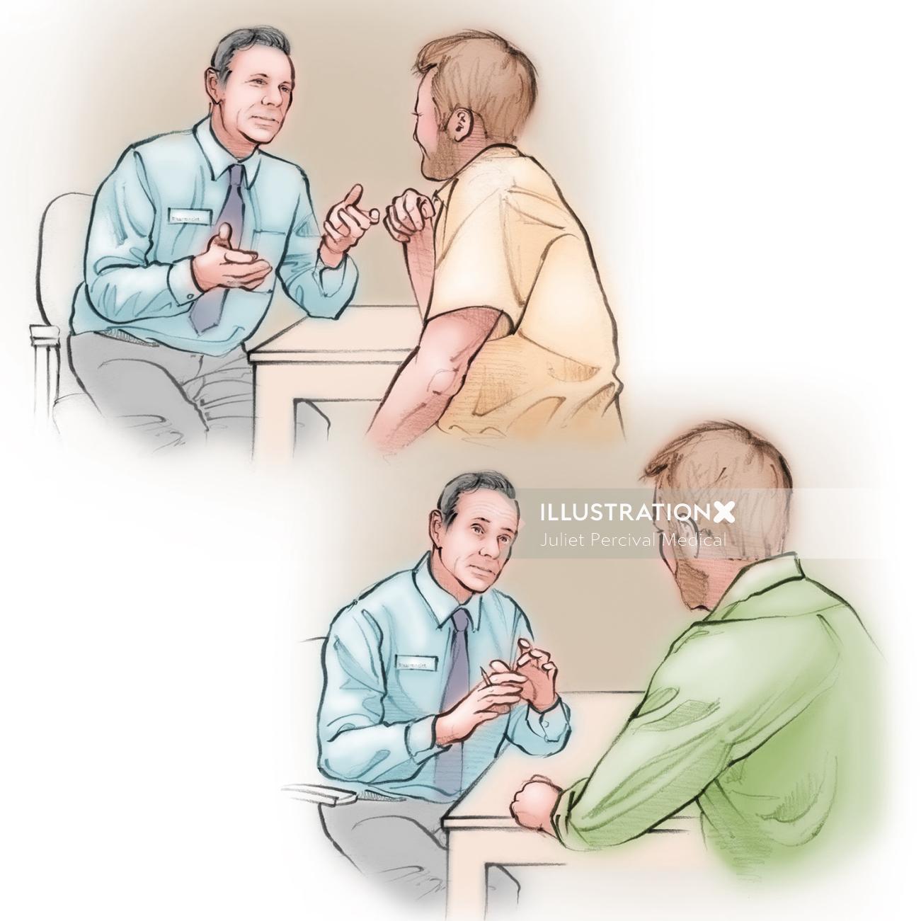 docteur, patient. consulter, interviewer, communiquer, hommes, hommes, parler