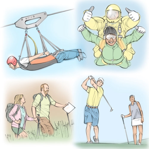 outdoor activities, zip wire, sky diving, golf, hiking, people