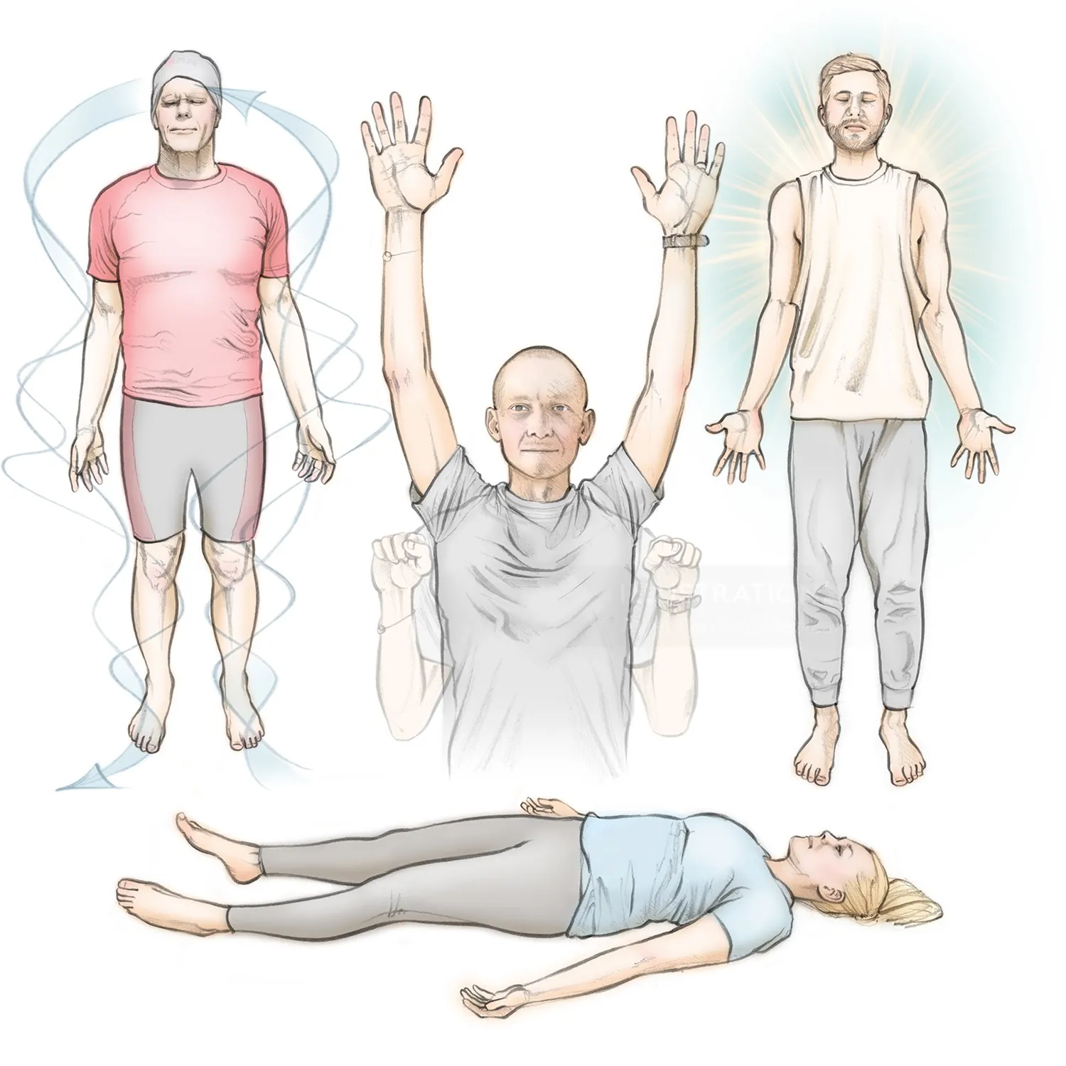 relaxation, meditation, breathing, male, female, figure, standing, lying