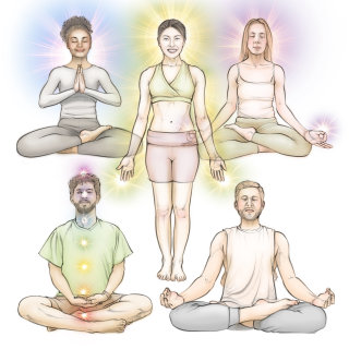 postura de loto, ejercicio, meditación, figura, masculino, femenino, chakra