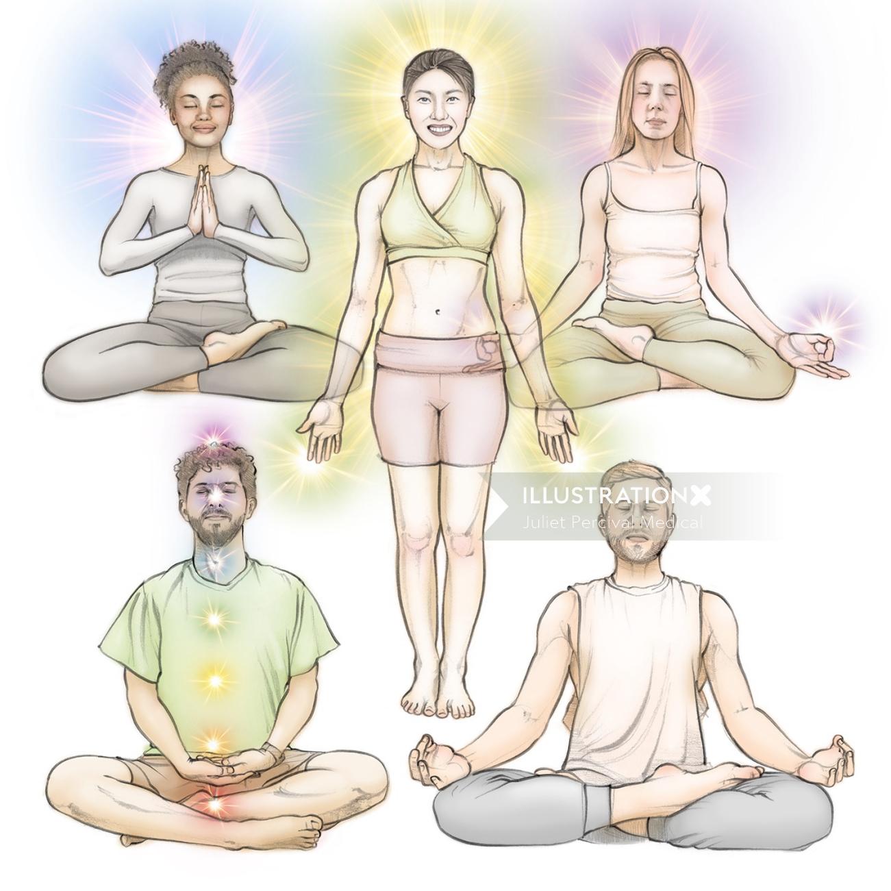 pose de lotus, exercice, méditation, figure, mâle, femelle, chakra