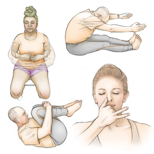 exercise, relaxation, meditation, nostril breathing, figures, male, female