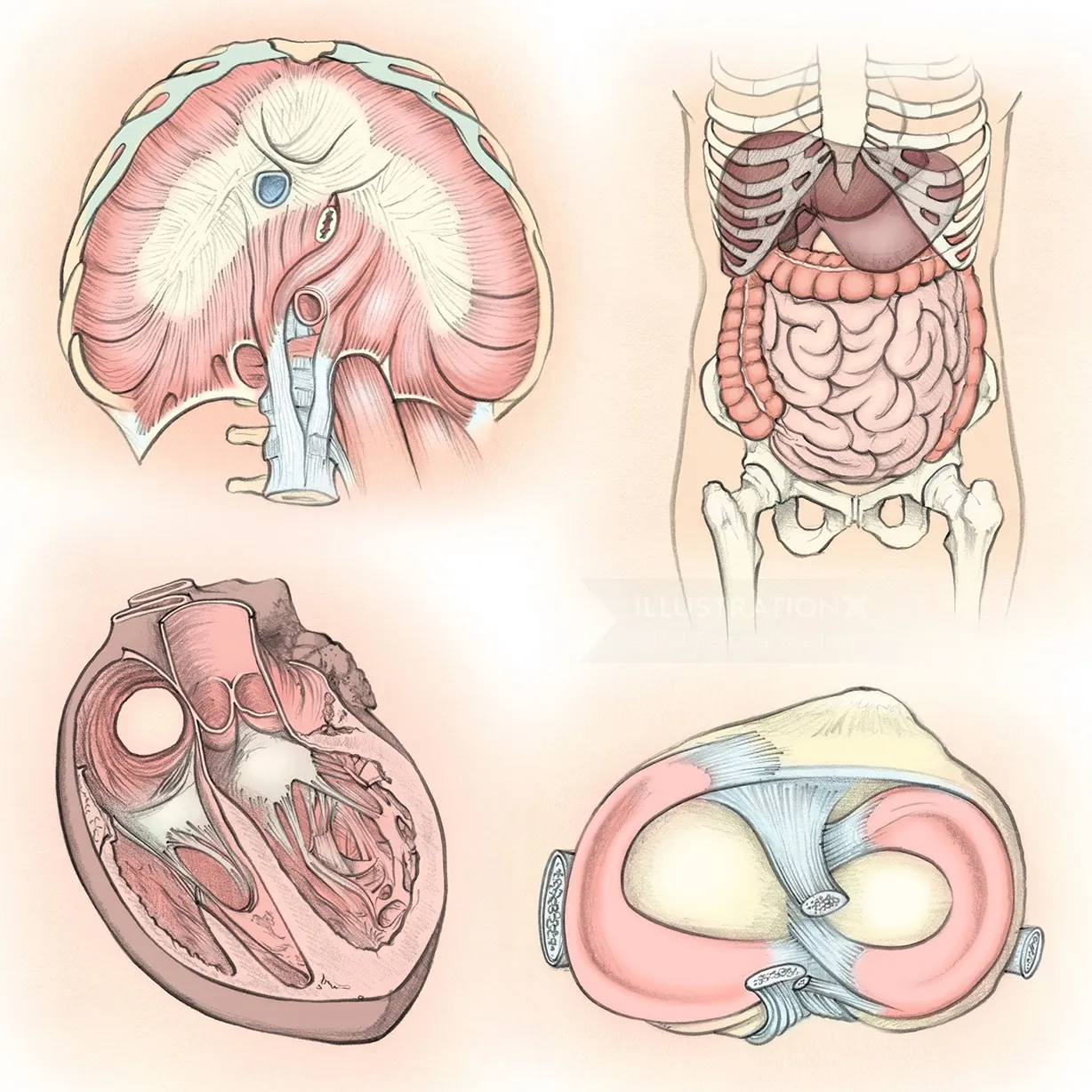 anatomy, diaphragm, digestive system, heart, knee ligaments