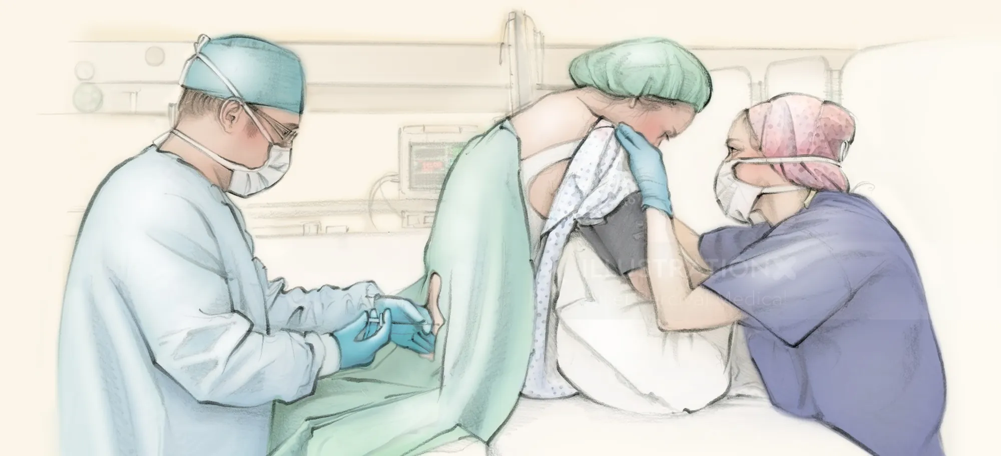 Medical staff performing epidural anesthesia on patient in hospital