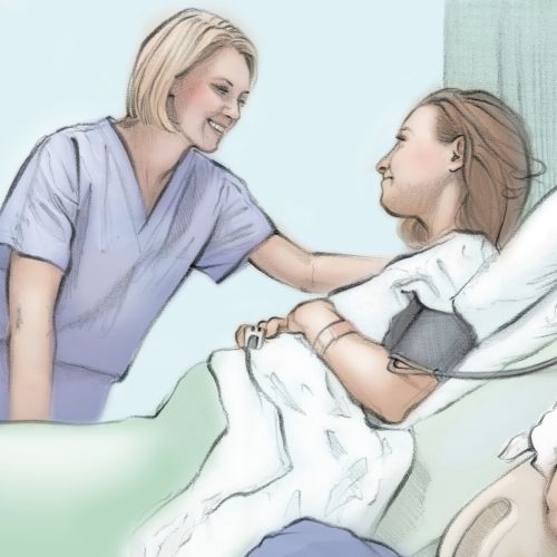 Nurse comforting woman in hospital bed with doctor holding newborn baby
