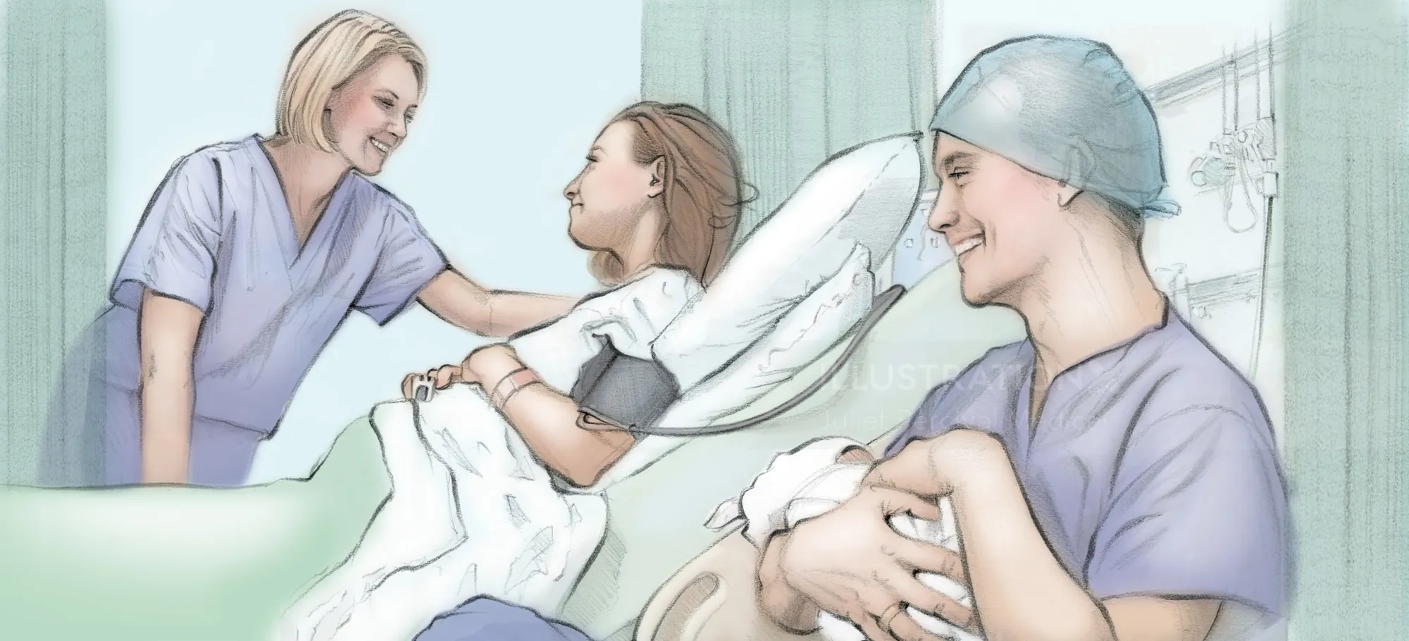 Nurse comforting woman in hospital bed with doctor holding newborn baby